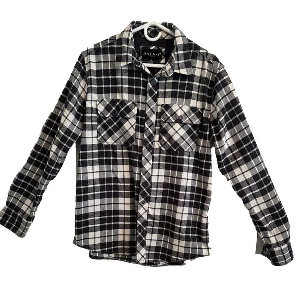 Jared Lang Men's Flannel Stretch Button Work Shirt Gray/White Plaid • Medium